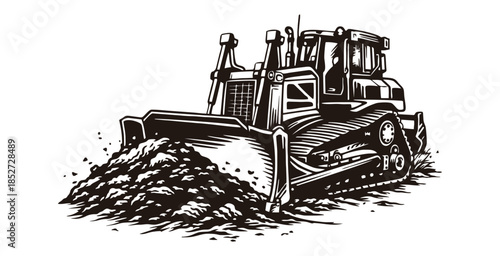 Powerful crawler bulldozer pushing a large pile of dark earth.