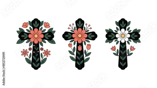 Decorative crosses adorned with vibrant flowers and leaves, symbolizing faith and beauty.