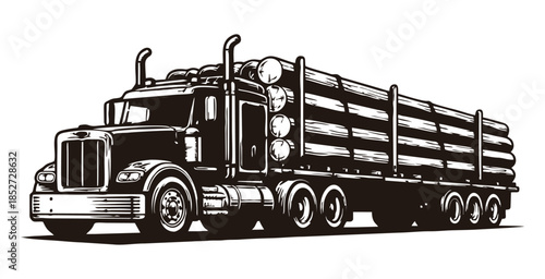 Heavy duty semi truck transporting a full load of timber.