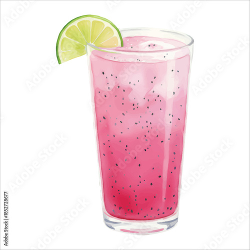 Dragon Fruit Cooler Watercolor Drink Vector Isolated on White Background
