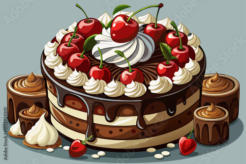 Classic black forest cake with fresh cherries and whipped cream, offering a rich chocolate dessert, a beautiful bakery pastry, and a traditional European pastry photography concept.