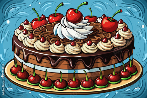 Classic black forest cake with fresh cherries and whipped cream, offering a rich chocolate dessert, a beautiful bakery pastry, and a traditional European pastry photography concept.