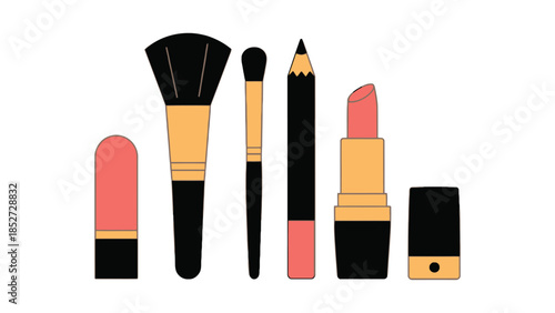 A collection of makeup items including lipstick, brushes, and eyeliner is displayed.