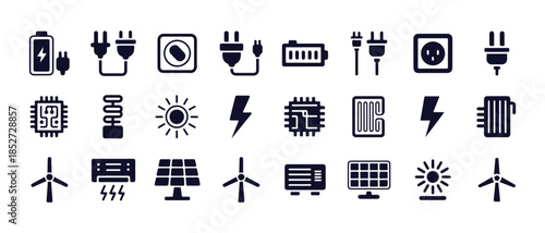 Set of energy and electricity vector icons including plugs, sockets, solar panels, and wind turbines