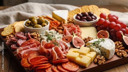 Wooden tray with a variety of food items including cheese, olives, grapes