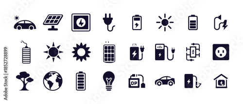 Eco friendly and renewable energy icons set including electric car sun battery globe tree vector