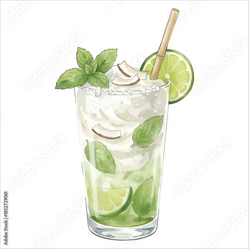 Coconut Mojito Watercolor Cocktail Vector Isolated on White Background
