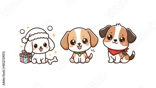 Three cute cartoon puppies are sitting together with a gift and a bone.