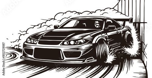 Aggressive drift car sliding close to a track wall.