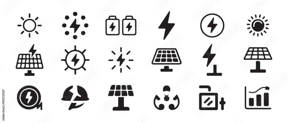 Fototapeta premium A set of solar energy and electricity icons including suns, solar panels, and lightning bolts