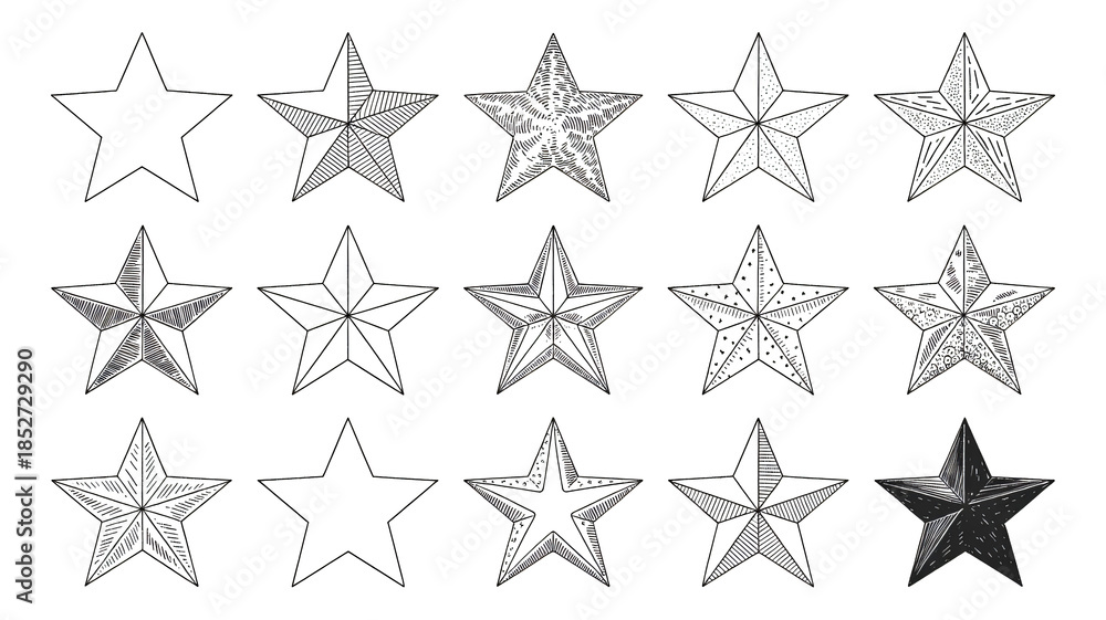 Obraz premium Star icons in various styles and shading on white background for graphic design