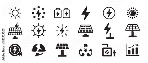 A set of solar energy and electricity icons including suns, solar panels, and lightning bolts