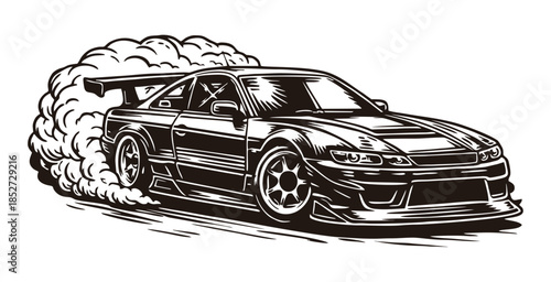 Sports car sliding sideways creating a huge cloud of smoke.