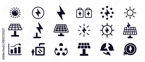A collection of solar energy and electricity icons with sun, solar panels, and power indicators