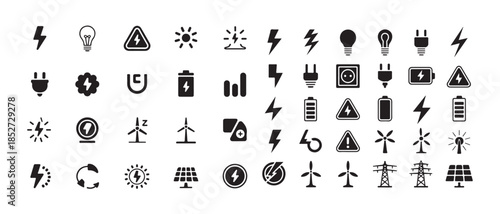 Energy and electricity icons set power related symbols light bulb battery lightning bolt