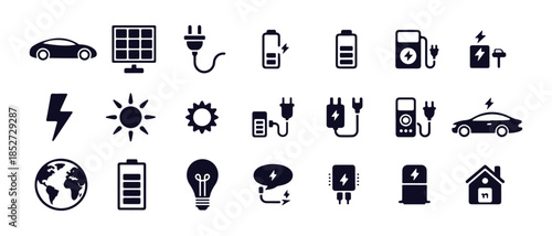 Electric vehicle and renewable energy icons set car solar panel battery charging station