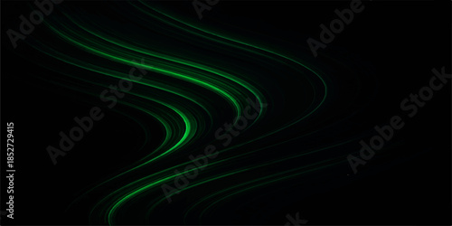 Abstract green background featuring an artistic wave pattern with glowing blue fractal lines and futuristic digital energy curves flowing across a dark textured motion backdrop illustration
