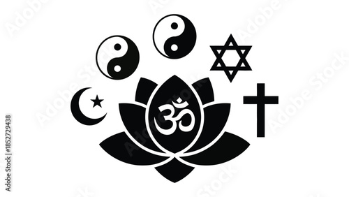  Religious symbols illustration with lotus flower and icons of major faiths including islam christianity hinduism judaism and eastern beliefs representing spirituality unity and interfaith harmony