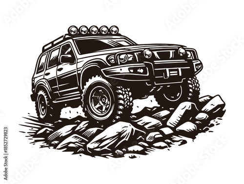 Rugged offroad vehicle climbing over large rocks in nature terrain.