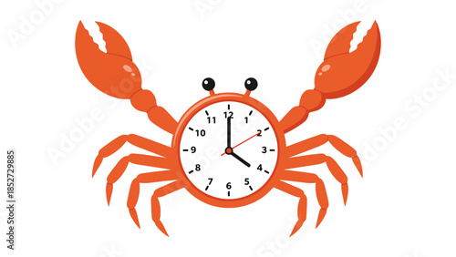 A crab with a clock for a body shows the time.