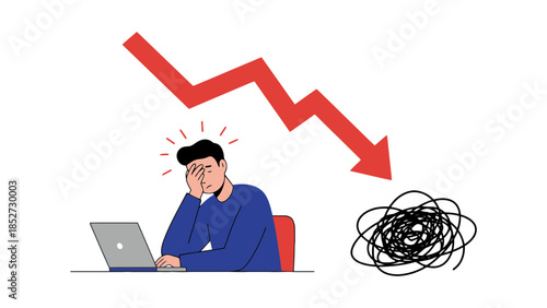 A stressed person sits at a laptop with a downward trending graph and a tangled mess.