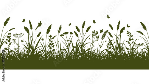 A silhouette of green grass and wildflowers with butterflies flying above.