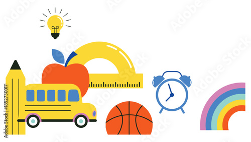 A collection of school supplies and objects represents education and learning.