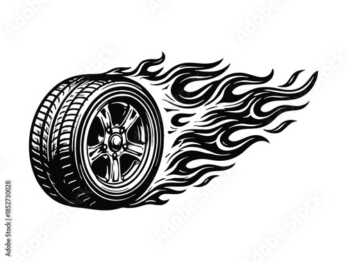 Dynamic black and white vector illustration of a flaming tire.
