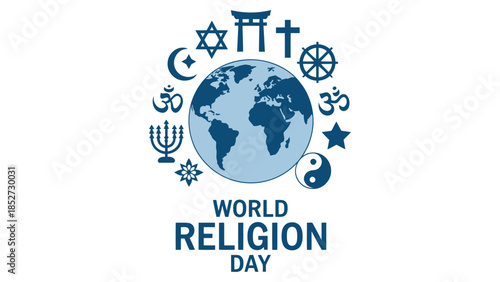  World religion day illustration with global map and symbols of major faiths representing interfaith unity peace spirituality diversity and worldwide religious harmony in modern flat vector style