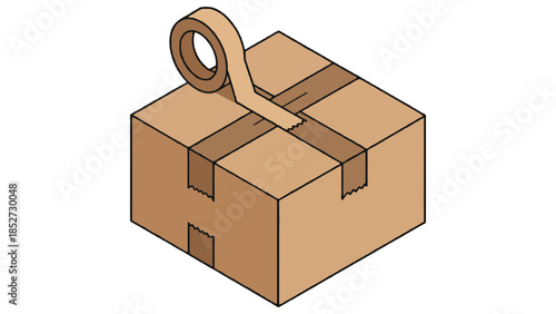A roll of tape is sealing a cardboard box for shipping.