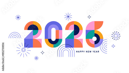 Happy New Year 2026 with colorful geometric shapes and fireworks.