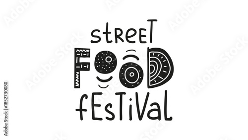 Street food festival text with decorative elements and patterns.
