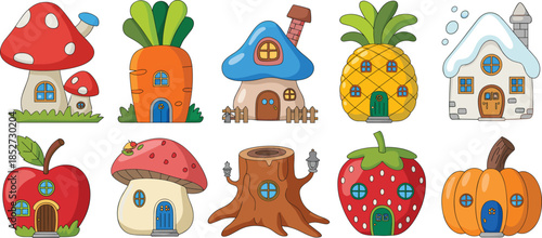 Cartoon fruit houses, vegetable homes, mushroom cottage, fantasy dwellings, kids illustration, playful architecture, nature design, vector art, creative buildings, game assets