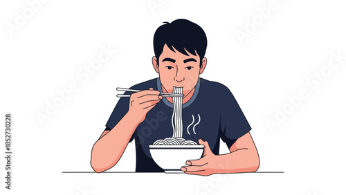 A person is eating noodles with chopsticks from a bowl.