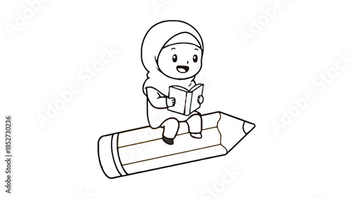 A child wearing a hijab sits on a pencil and reads a book.