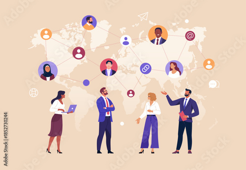 Business Networking. Vector illustration of global business team connected through digital network over world map. Concept of communication, international cooperation, and professional relationships.