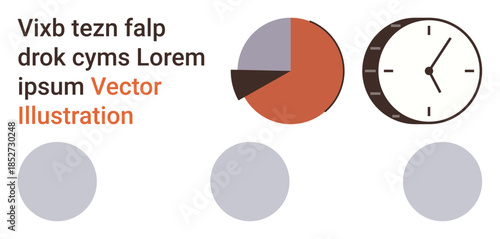 Data analysis, time management, information presentation, creative layouts, business analytics, abstract art. Pie chart and analog clock next to abstract shapes. Data analysis and time management