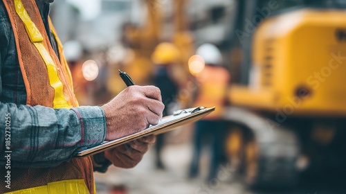 Construction Site Inspection: A focused construction worker meticulously documents observations on a clipboard at a bustling construction site, embodying precision and detail in the process.