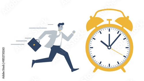 A businessman runs towards a large alarm clock, symbolizing urgency and deadlines.