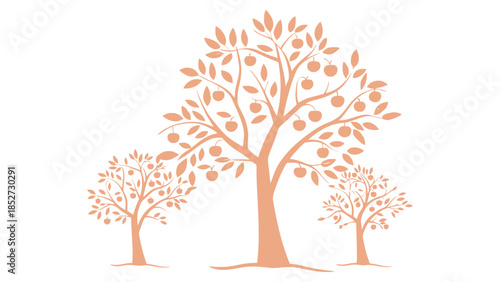 Three stylized trees with fruit are depicted in a simple illustration.