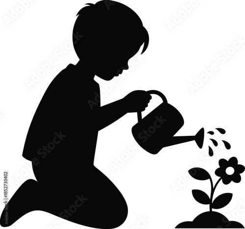 Child watering flower, silhouette art, nature care, environmental awareness, black shape, vector illustration, growth symbol, nurturing pose, gardening moment, plant love