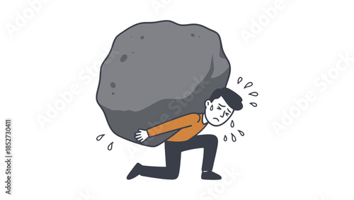 A person struggles to carry a large boulder on their back.
