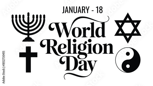  World religion day january 18 typography illustration with symbols of major faiths including christian jewish and eastern religions representing unity peace and interfaith harmony