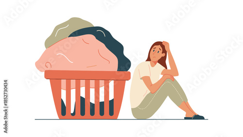 A person sits next to a large basket overflowing with laundry.