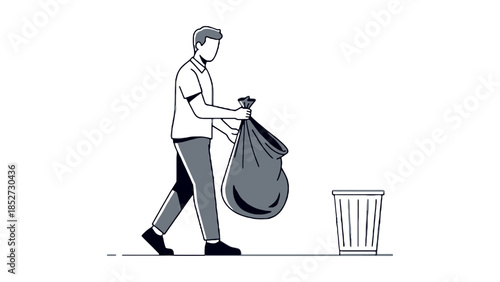 A person carries a full trash bag towards a bin.