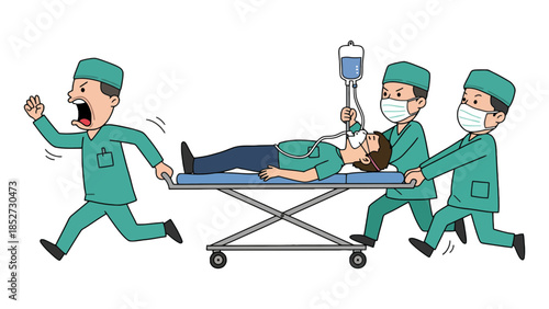 Doctors rush a patient on a stretcher with an IV drip to an emergency room.
