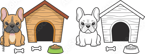 French Bulldog cartoon, doghouse scene, coloring activity, black and white comparison, pet illustration, vector art, bones, food bowl, cute dog, educational design