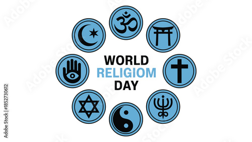  World religion day circular illustration with symbols of major faiths arranged around text representing interfaith unity peace spirituality and global religious diversity in flat vector style