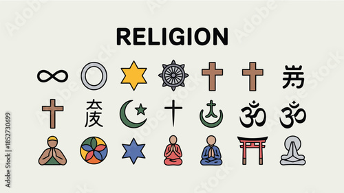  Religion symbol icon set with signs of major world faiths including christian islam hindu buddhist jewish and spiritual beliefs in minimal flat vector style on light background