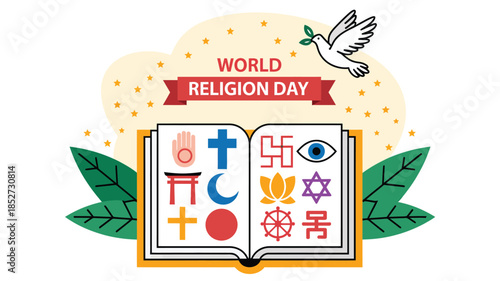  World religion day illustration with holy symbols and white dove representing peace unity diversity and interfaith harmony on modern flat vector background